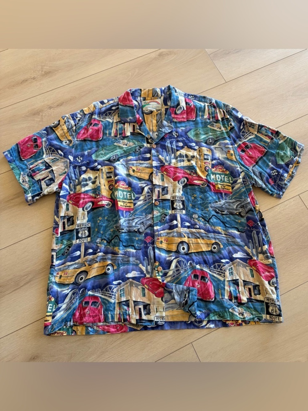 Vintage Paradise Found Hawaiian Shirt Mens XL Route 66 Corvette Classic Cars